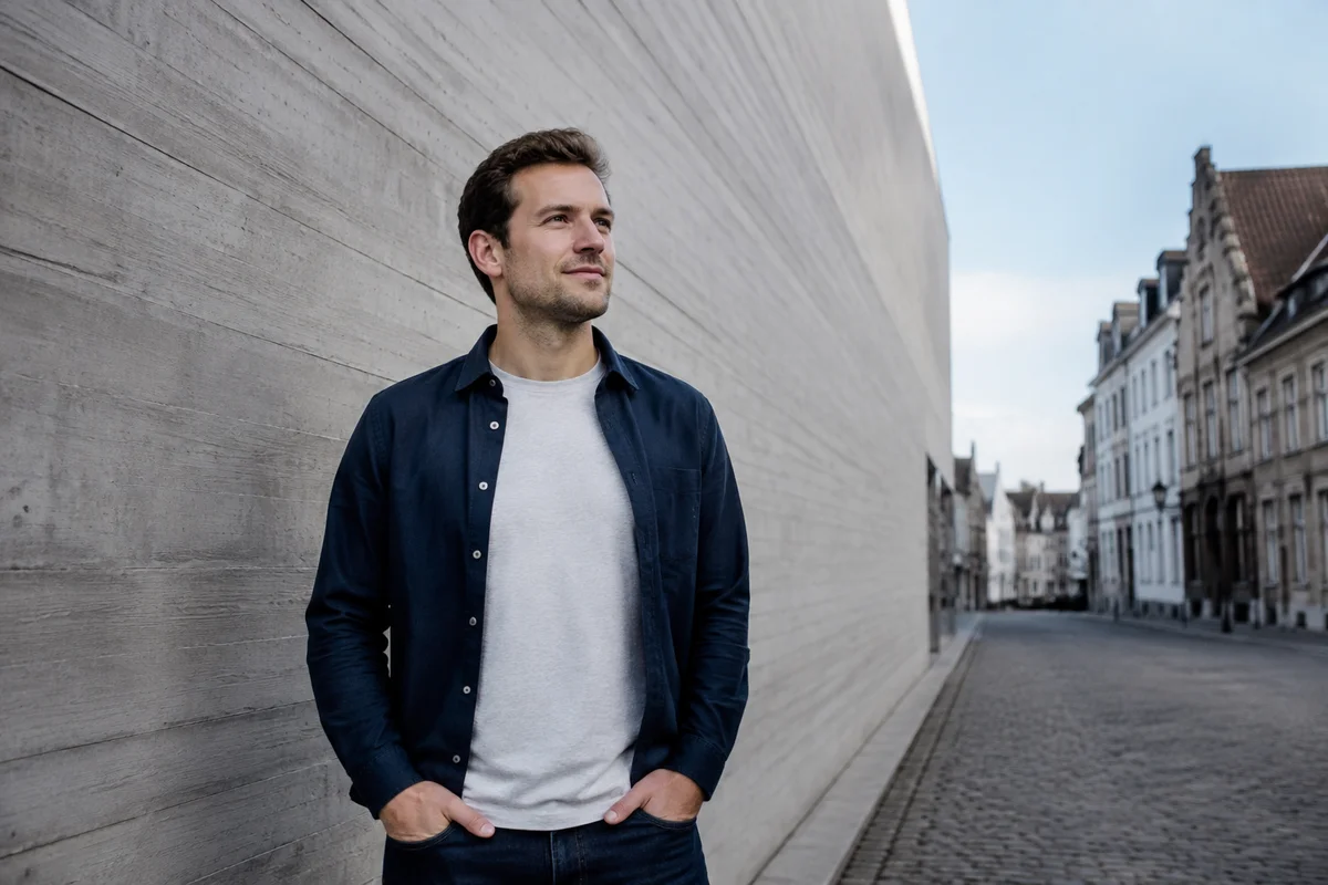 A man in a navy jacket standing beside a concrete wall on a quiet European street