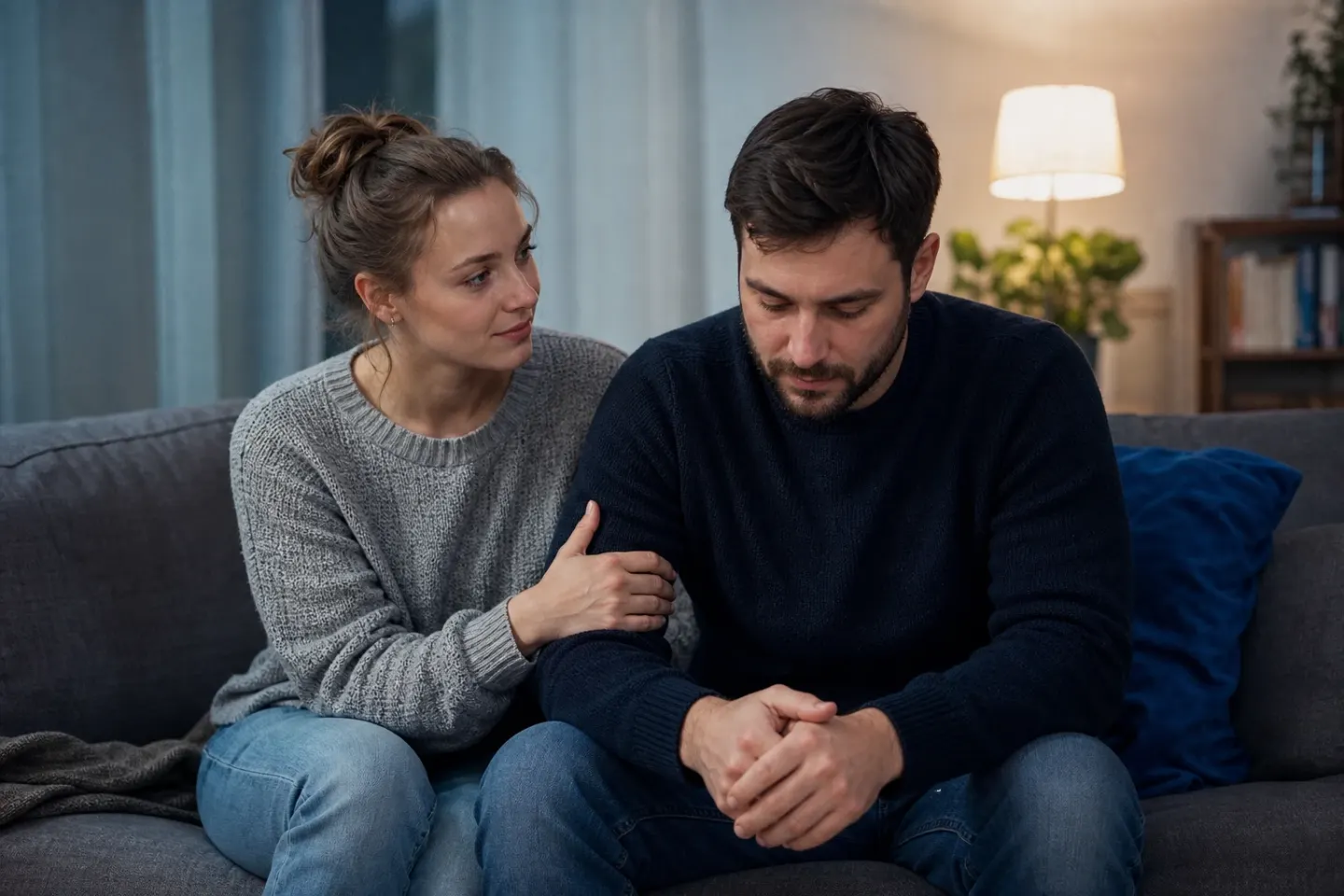 A young woman and her boyfriend sit close on a sofa in soft evening light, her hand resting on his arm as they talk