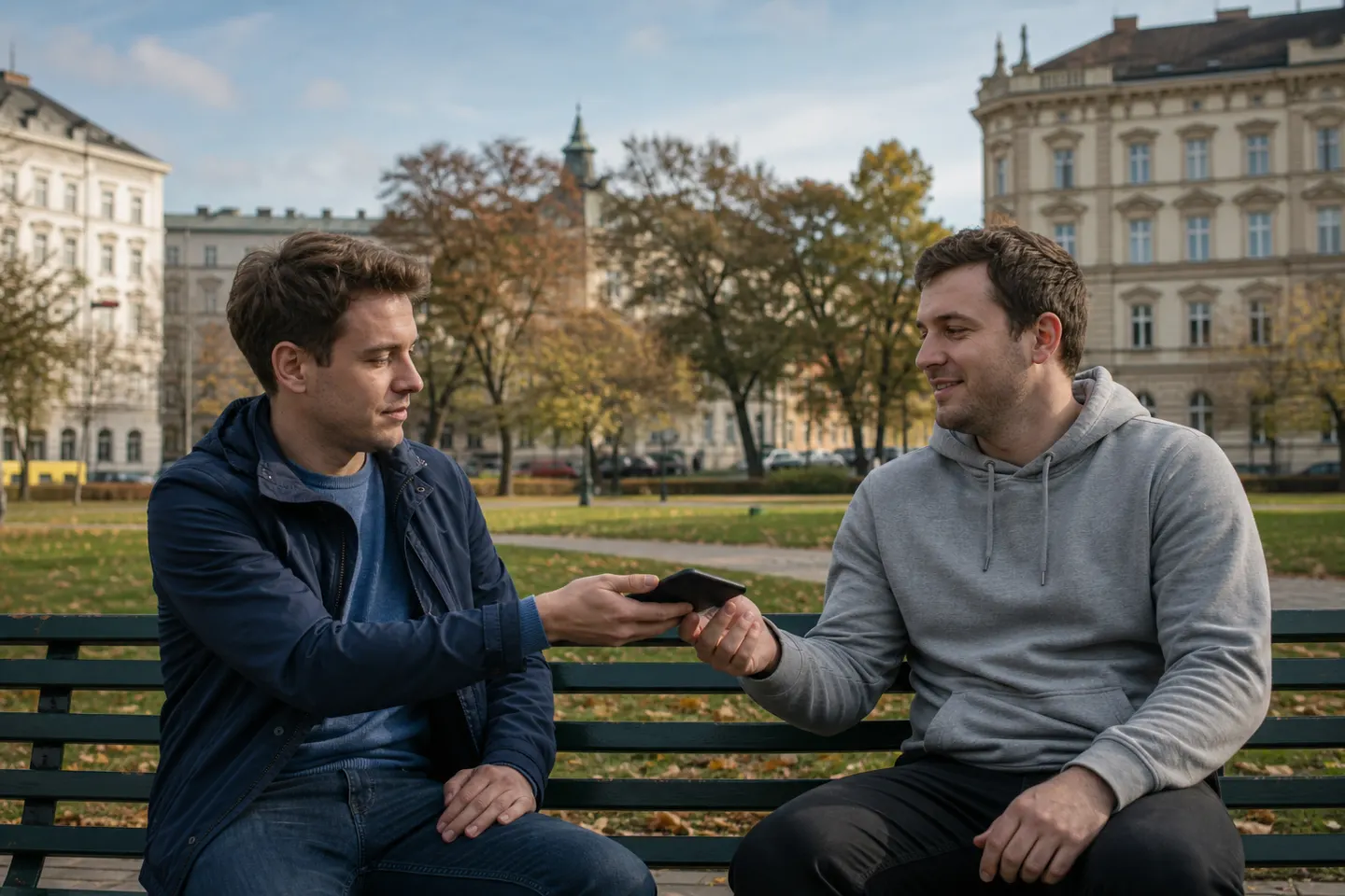A man hands his phone to a trusted friend on a park bench