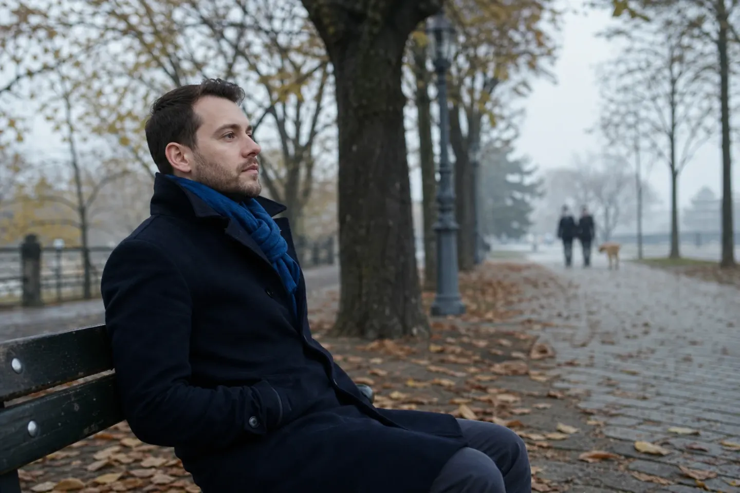 A man sits alone on a park bench on a grey autumn morning, looking ahead with a flat, distant expression