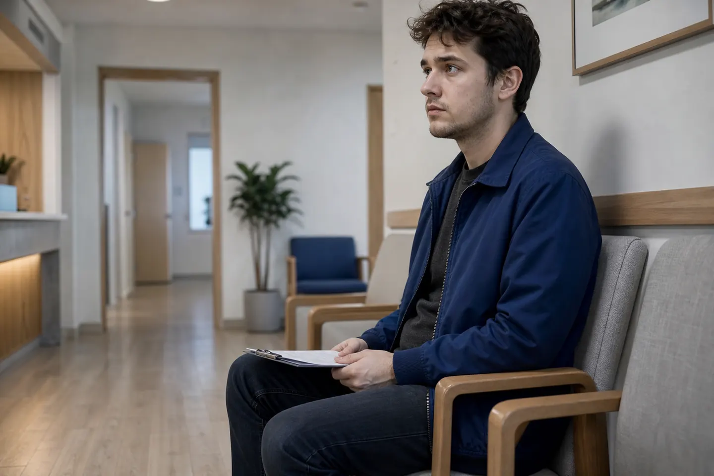 A man in his mid-twenties waits in a clinic waiting room holding a clipboard, looking nervous