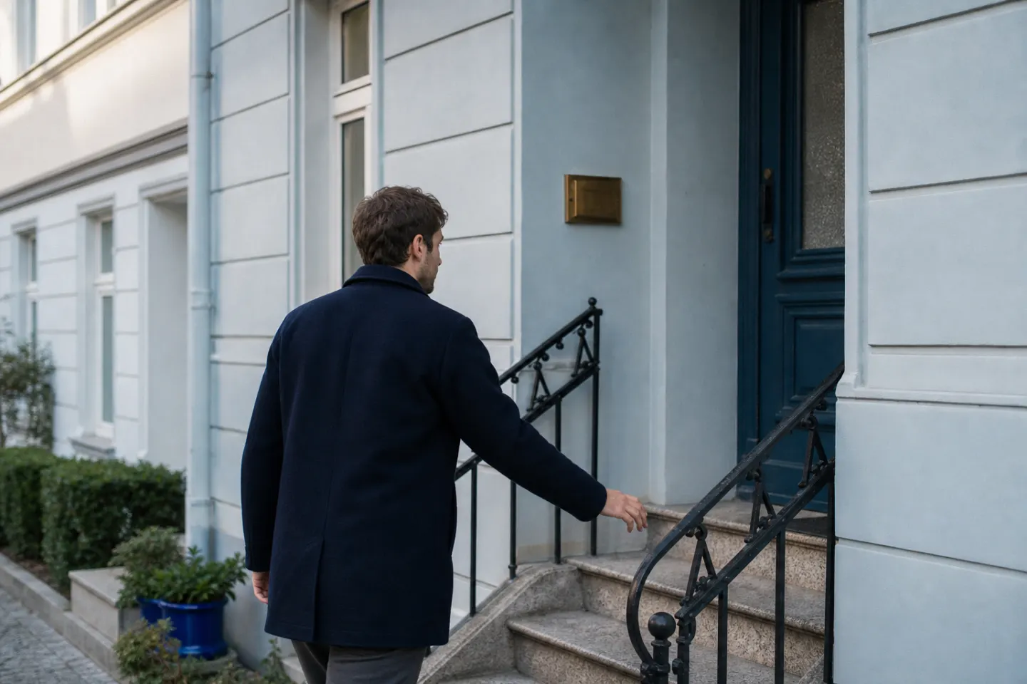 A man walks up the steps to a discreet practice entrance for a first appointment