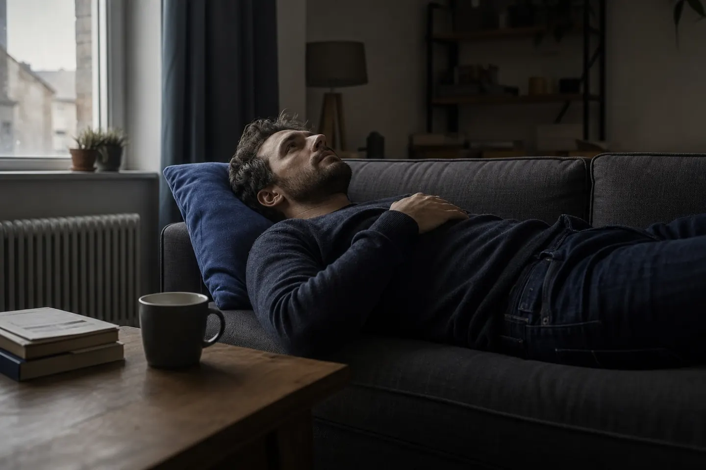 A man lies on a couch on a grey afternoon staring at the ceiling, a cold cup of coffee on the table beside him