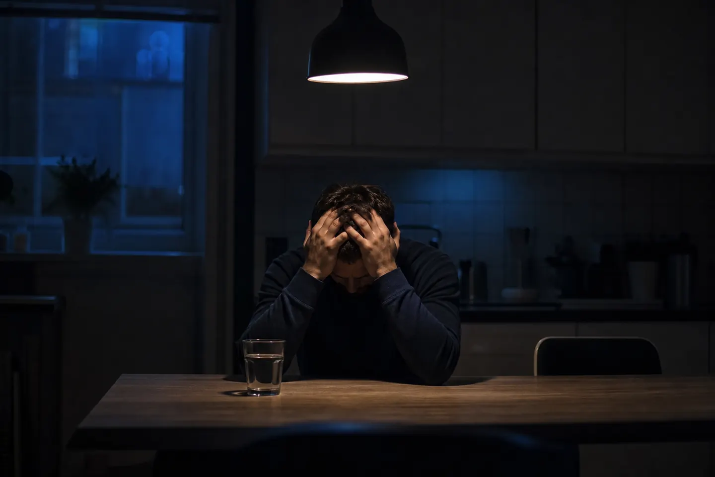 A man sits alone at a kitchen table late at night under a single pendant lamp, his head in his hands