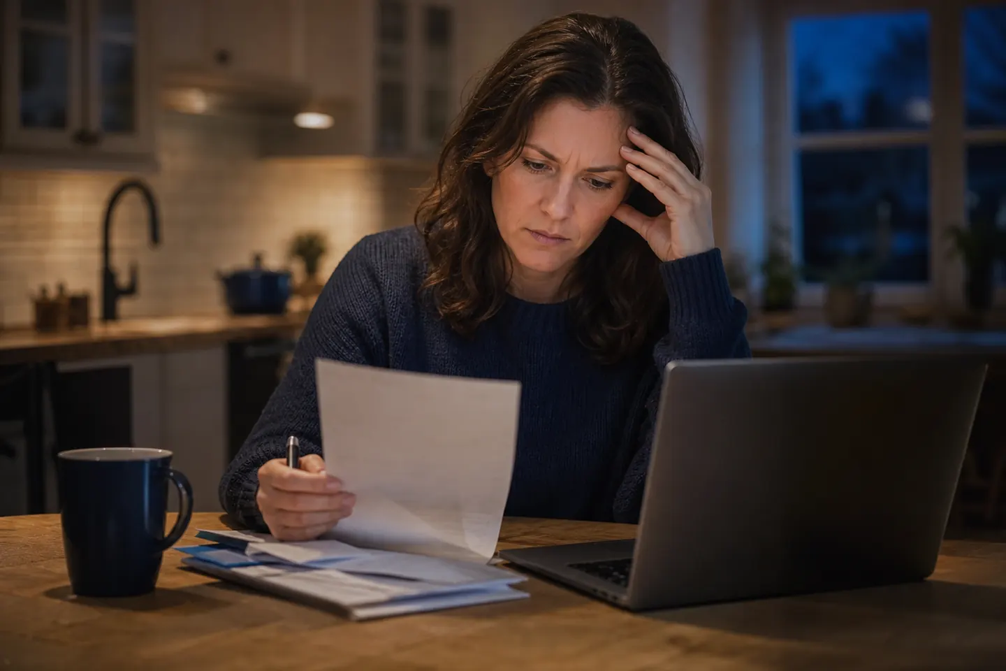 A woman sits at a kitchen table reviewing a credit card statement next to her laptop, looking worried