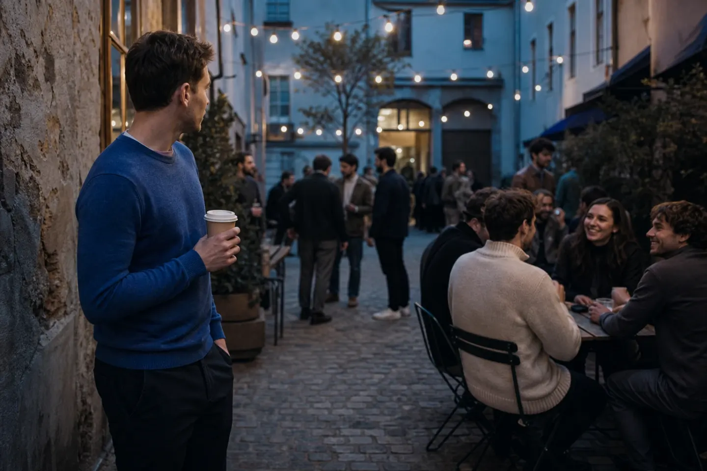 A young man stands at the edge of a lively courtyard gathering at dusk, coffee in hand, about to walk over to a group