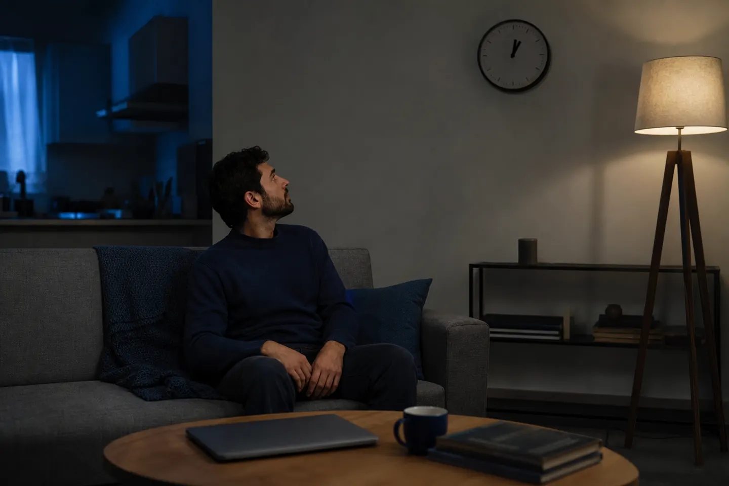 A man sits alone on a sofa late at night beside a closed laptop, glancing at a wall clock that shows almost two in the morning