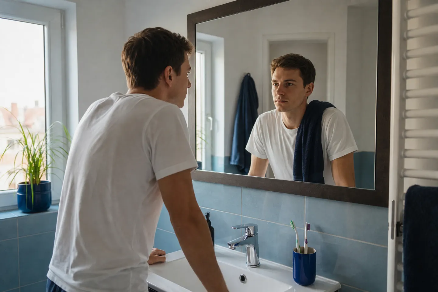 A man pauses at a bathroom mirror during his ordinary morning routine