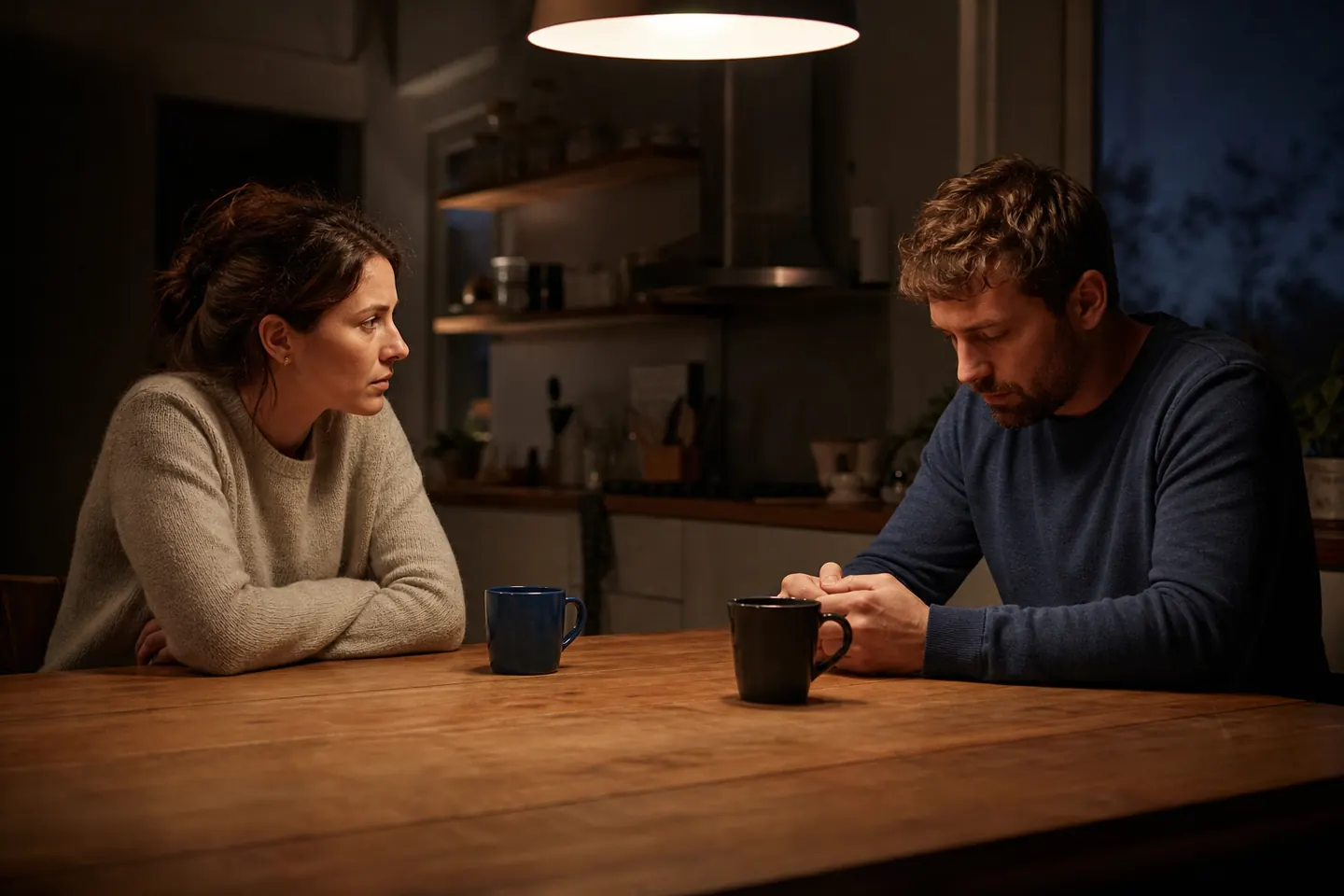 A couple sits at opposite ends of a kitchen table with two mugs between them, having a serious conversation