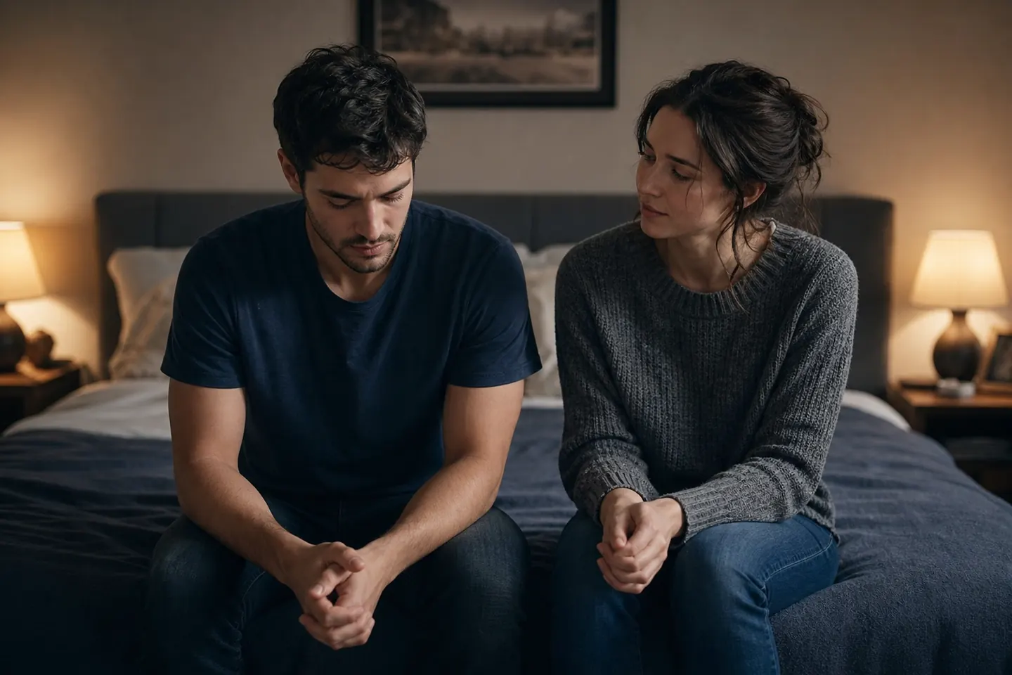 A young couple sits side by side on a bed in warm lamplight, fully dressed, sharing an awkward, quiet pause