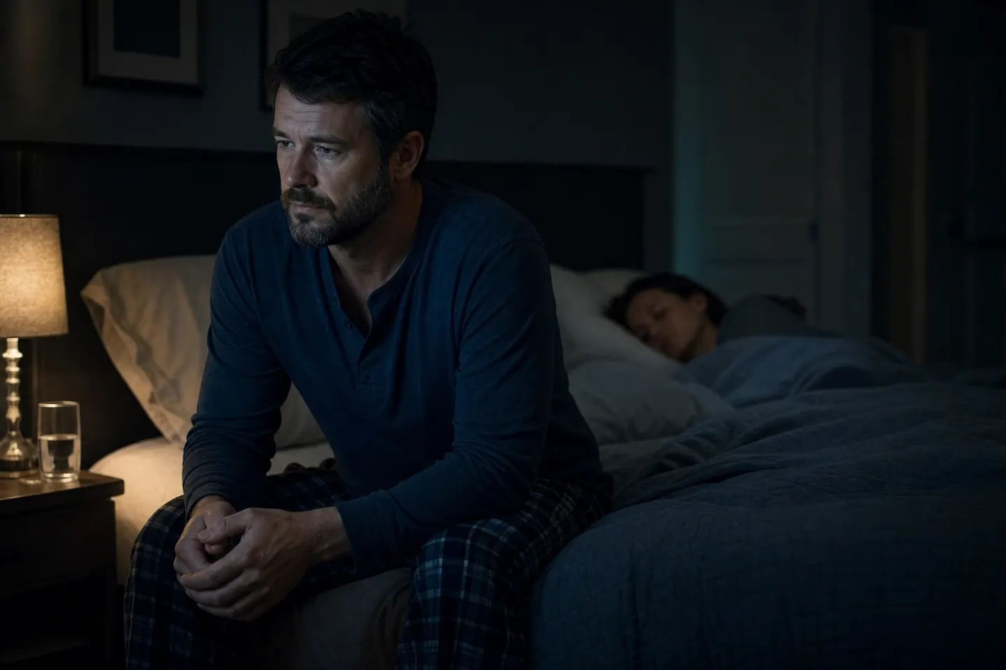 A man around forty sits on the edge of the bed at night, lost in thought, while his wife sleeps behind him