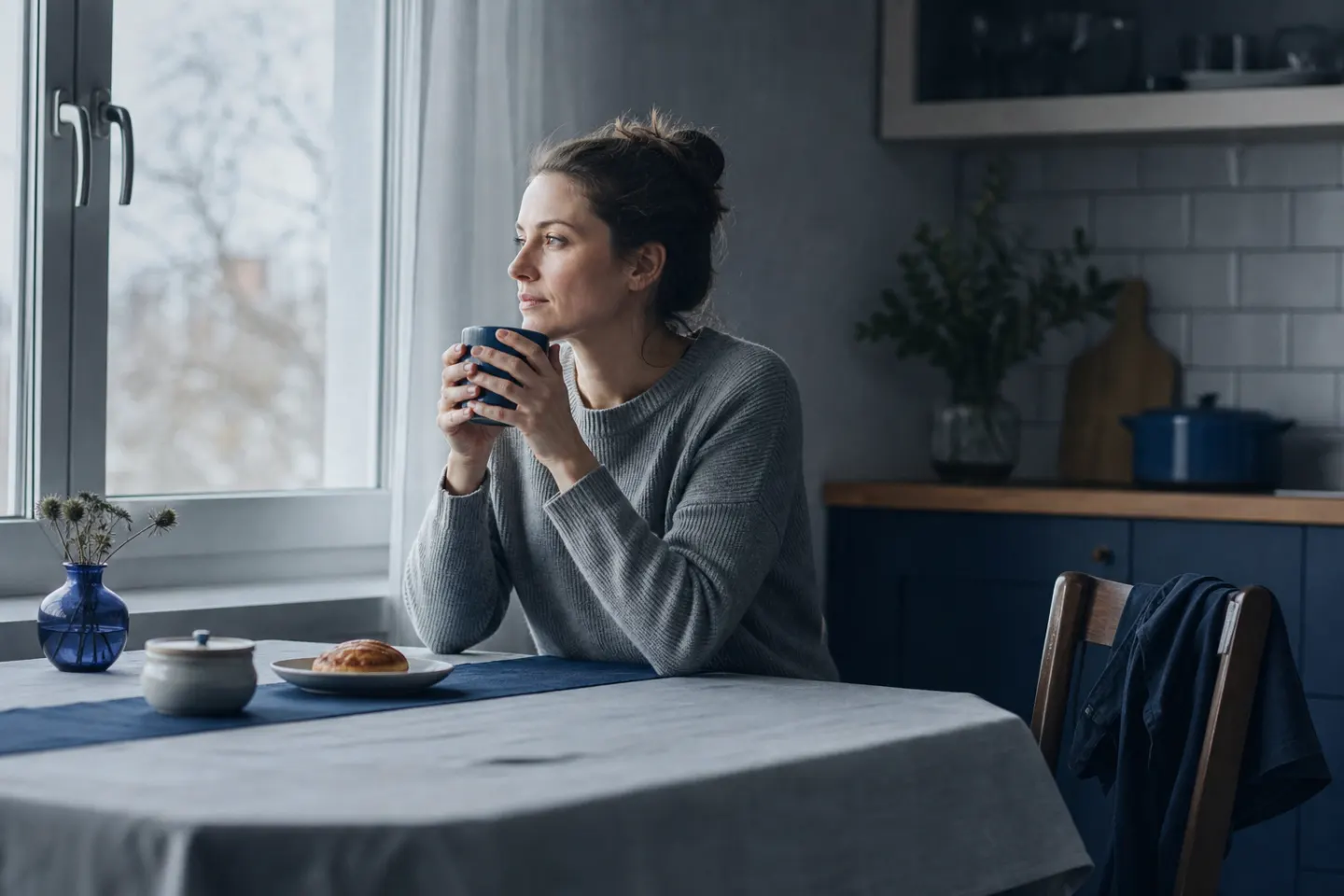 A woman alone at a kitchen table in early morning light, holding a mug and looking out of the window; a man's jacket hangs on the empty chair
