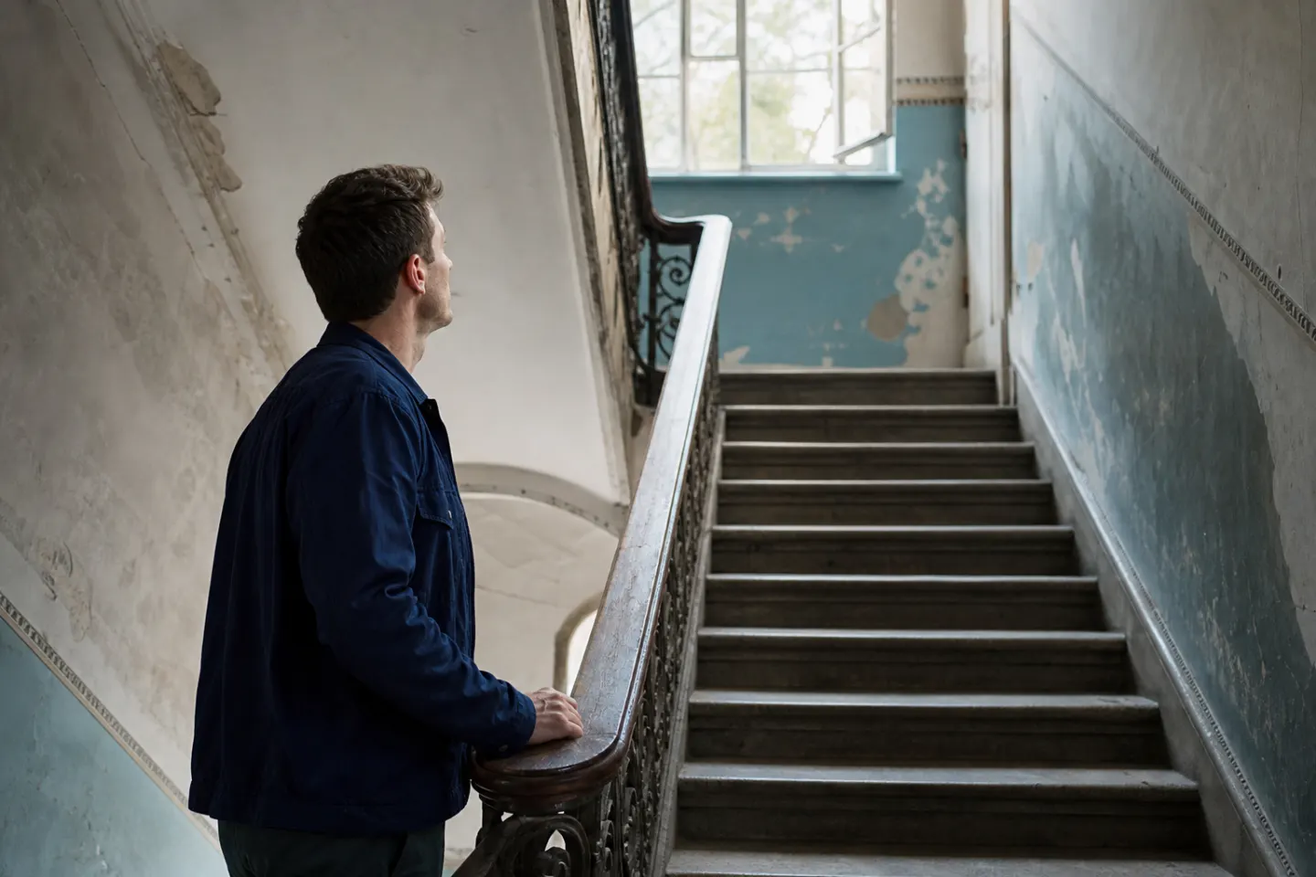 A man pauses halfway down an old stairwell and looks back up toward the light