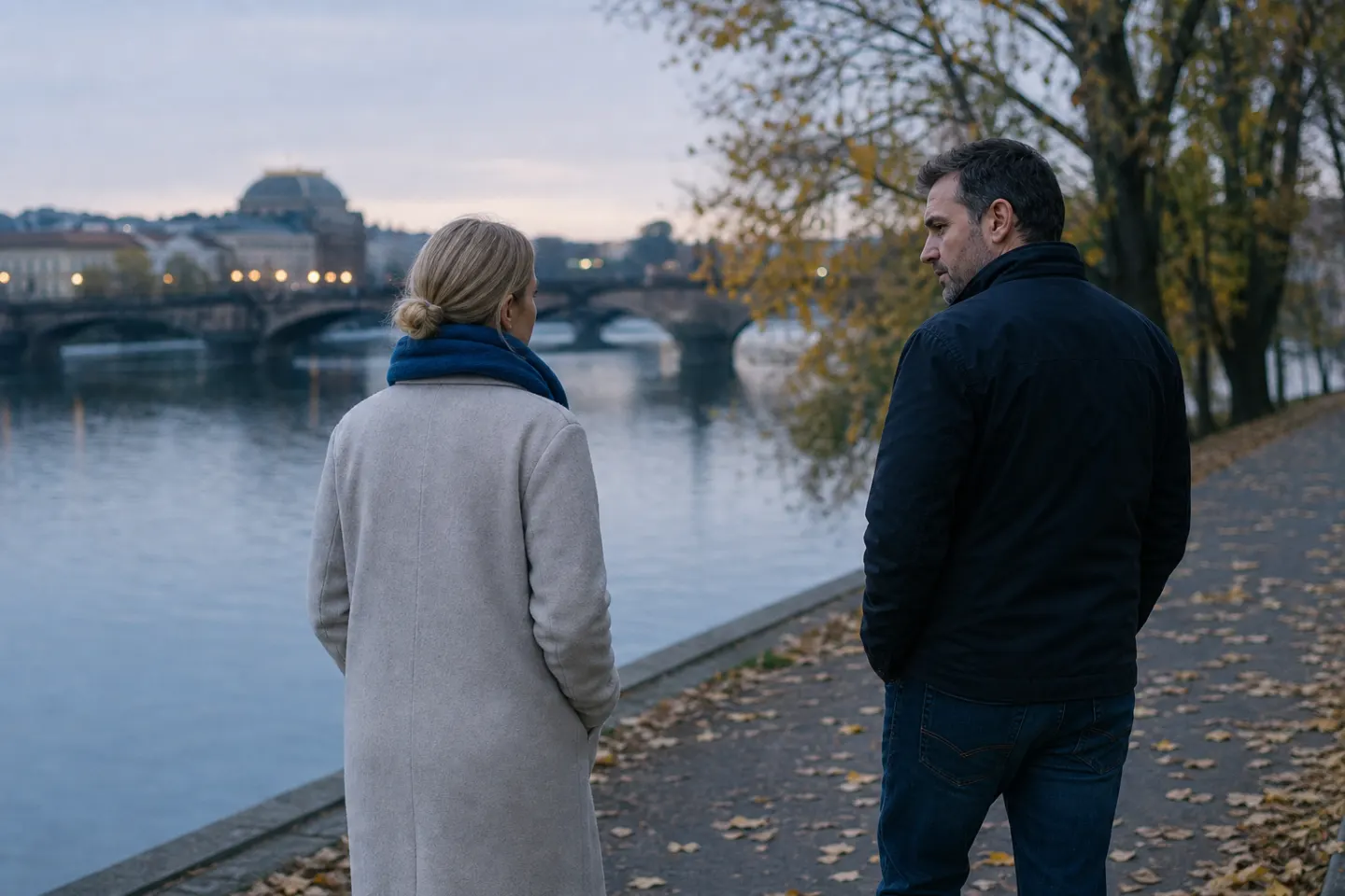A married couple walking a riverside path at autumn dusk with a small distance between them; he glances at her as if about to speak