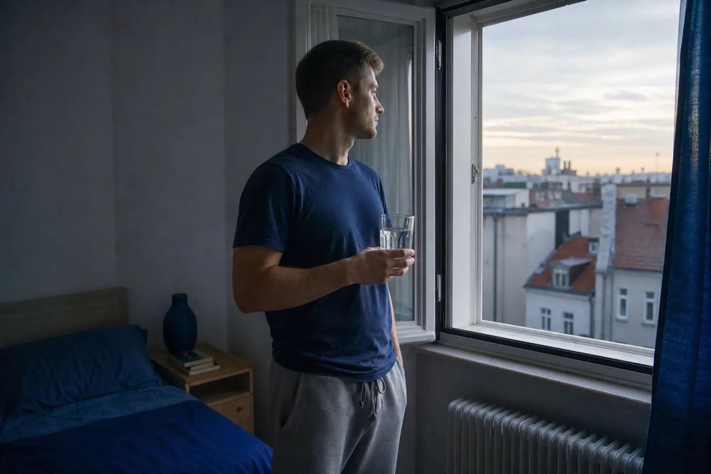 A man stands by an open window at dawn with a glass of water, looking out over the rooftops