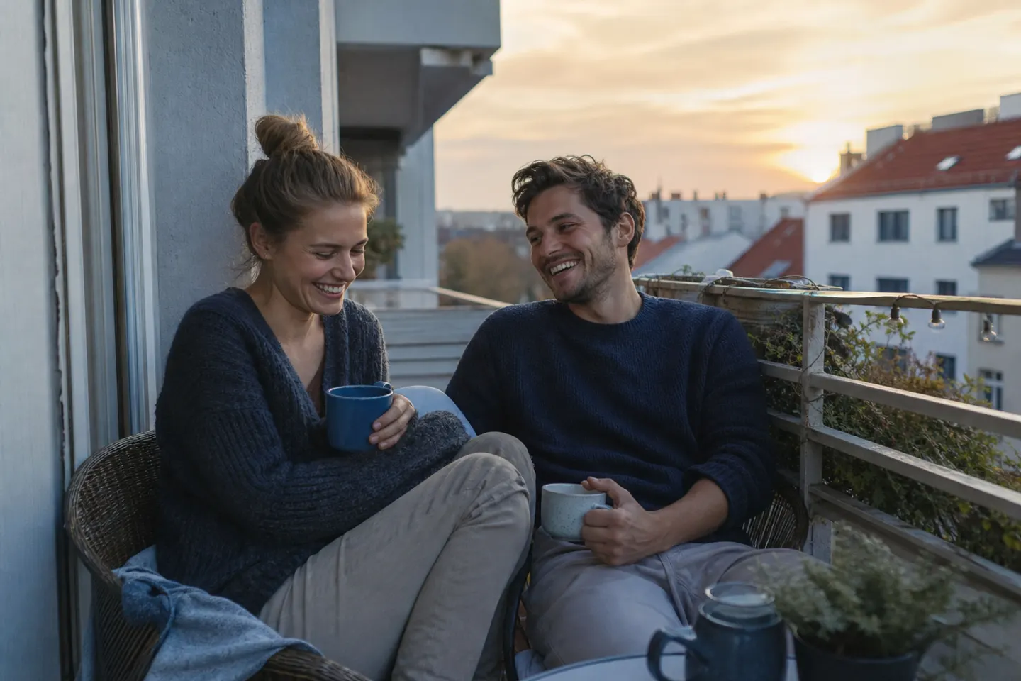 A young couple share a relaxed laugh on a balcony at sunset