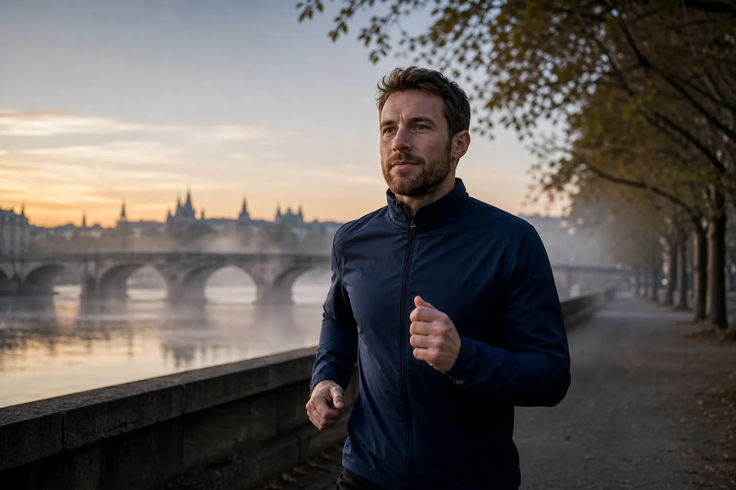 A man jogs along a riverside path at sunrise, steady and focused