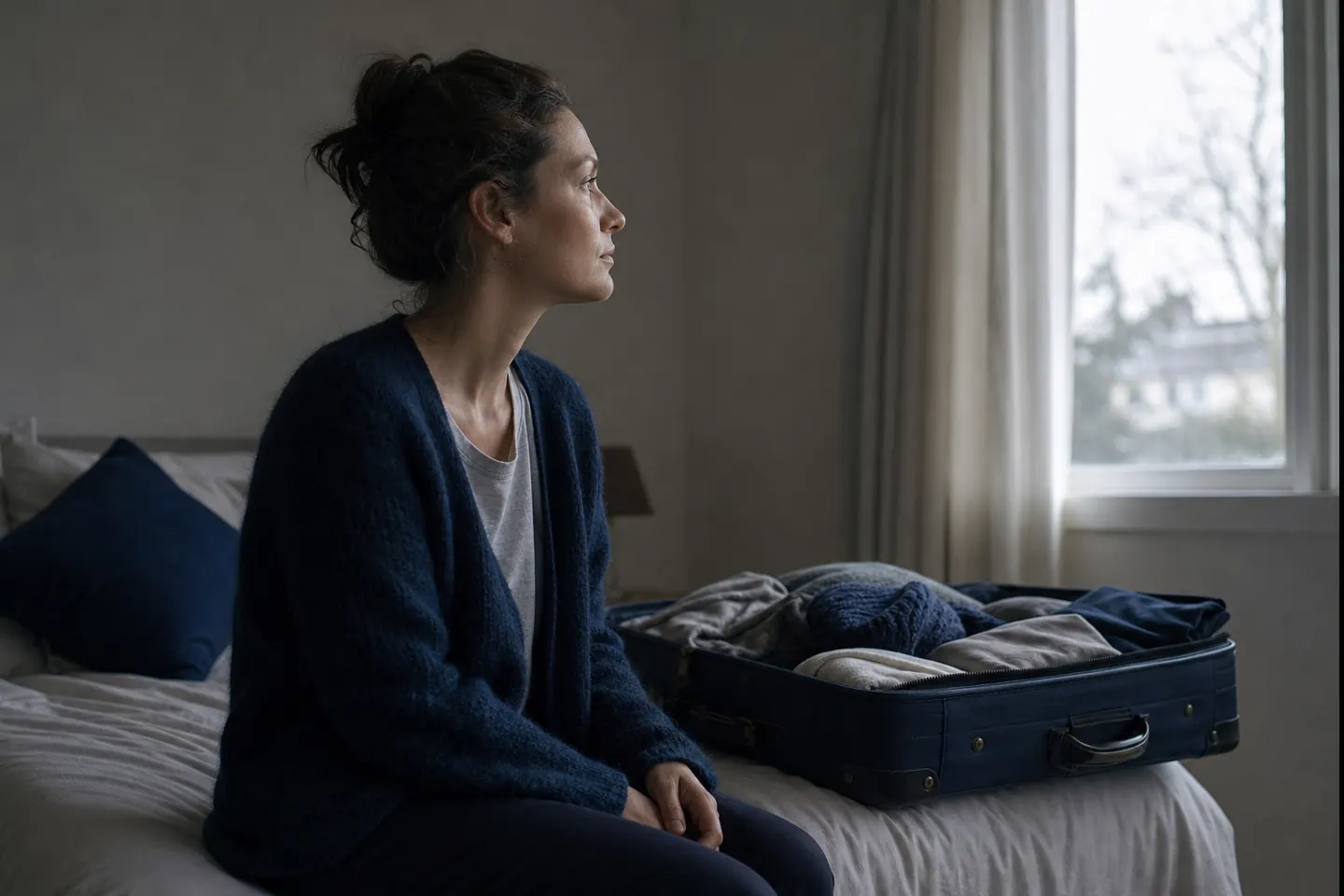 A woman sits on the edge of a bed beside a packed suitcase, looking out of the window, deep in thought