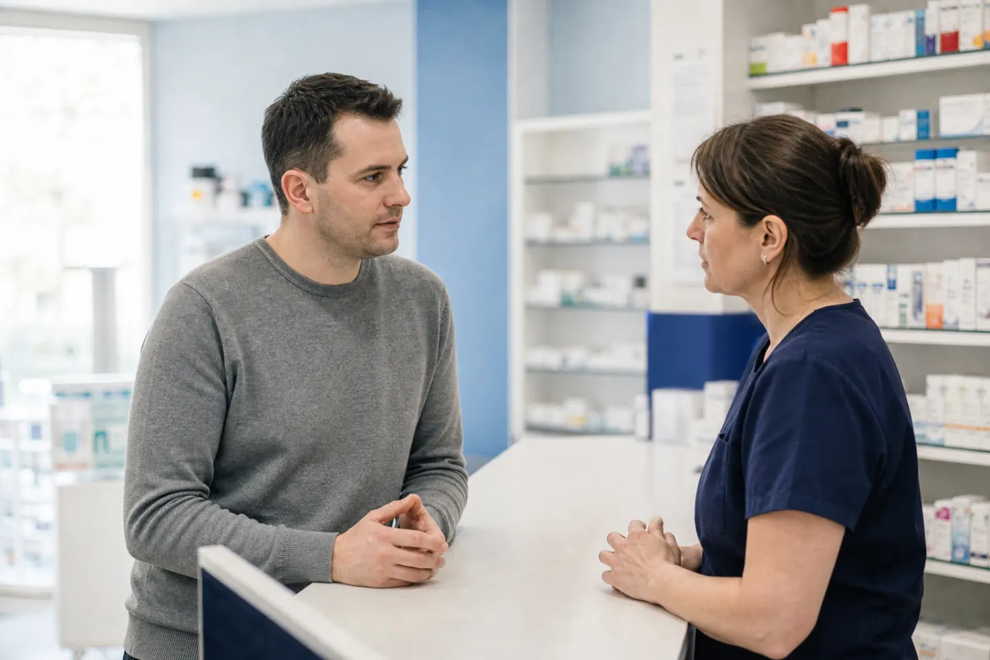 A man has a quiet, private conversation with a pharmacist across the counter
