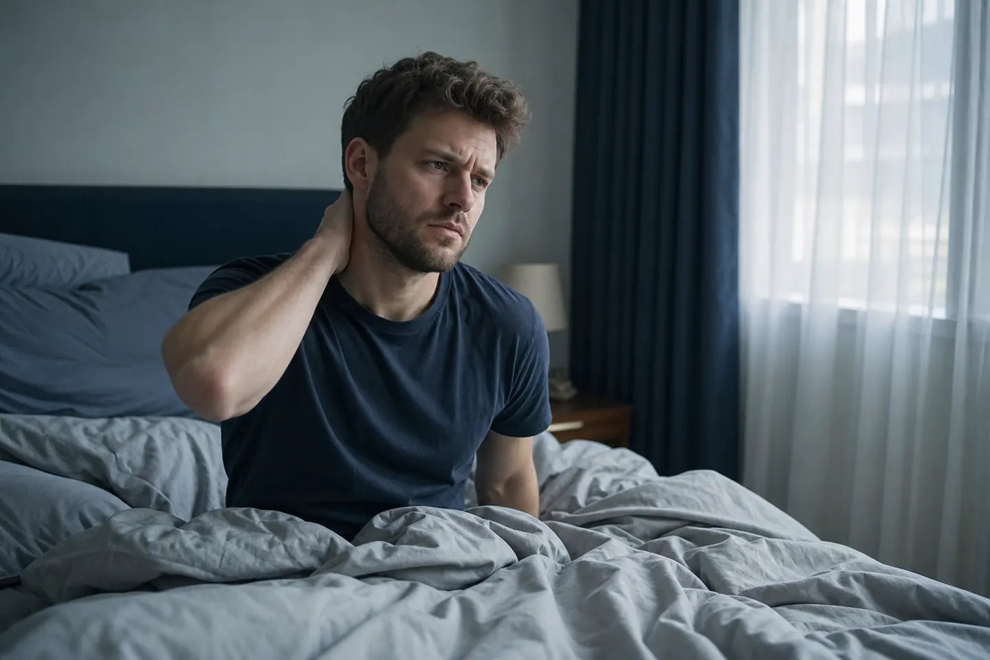A man sits up in bed at dawn among rumpled sheets, looking puzzled in the cool blue morning light