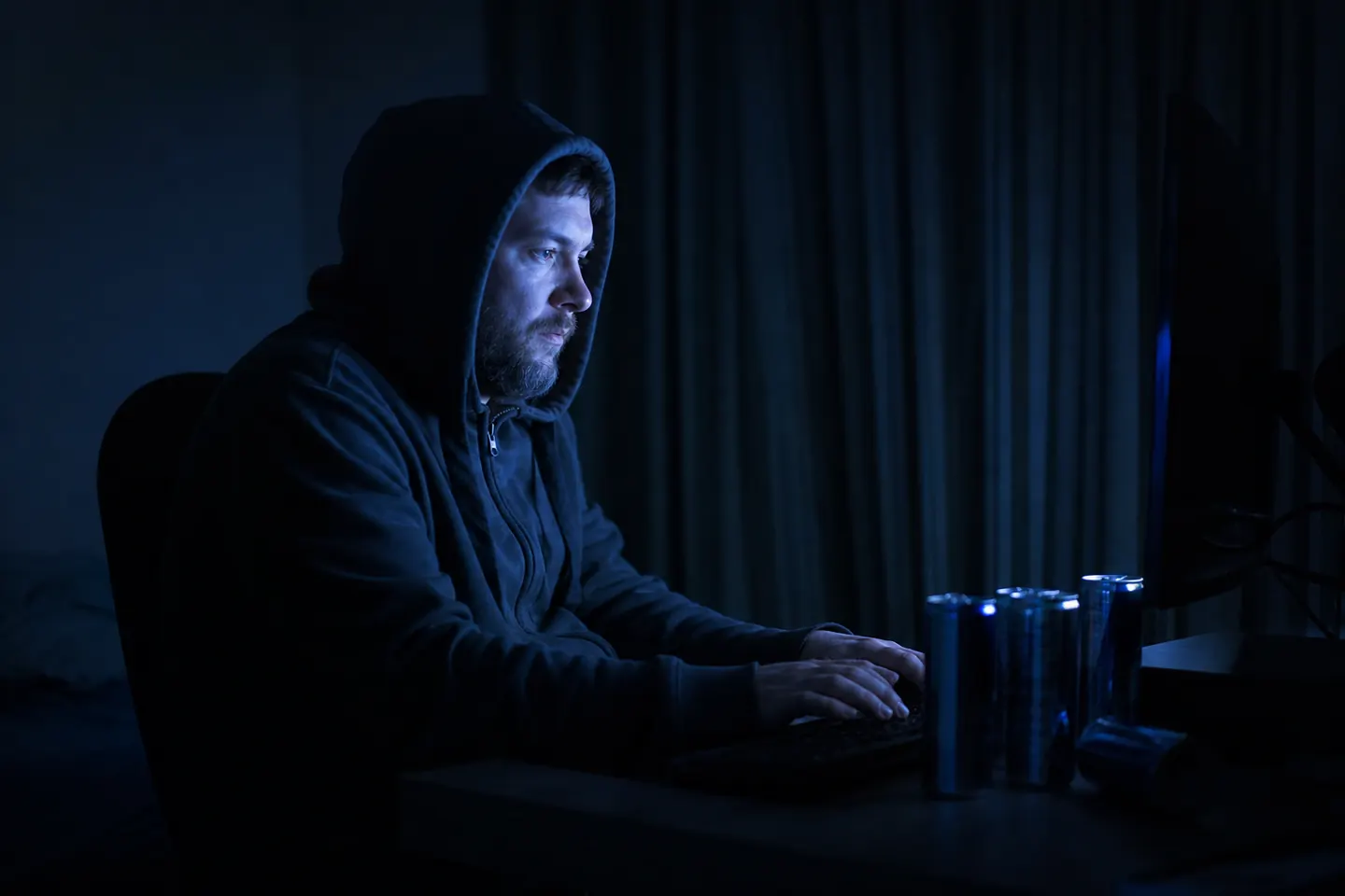 A man in a hoodie sits at a desk in a dark room lit only by the glow of a monitor, empty energy drink cans beside the keyboard