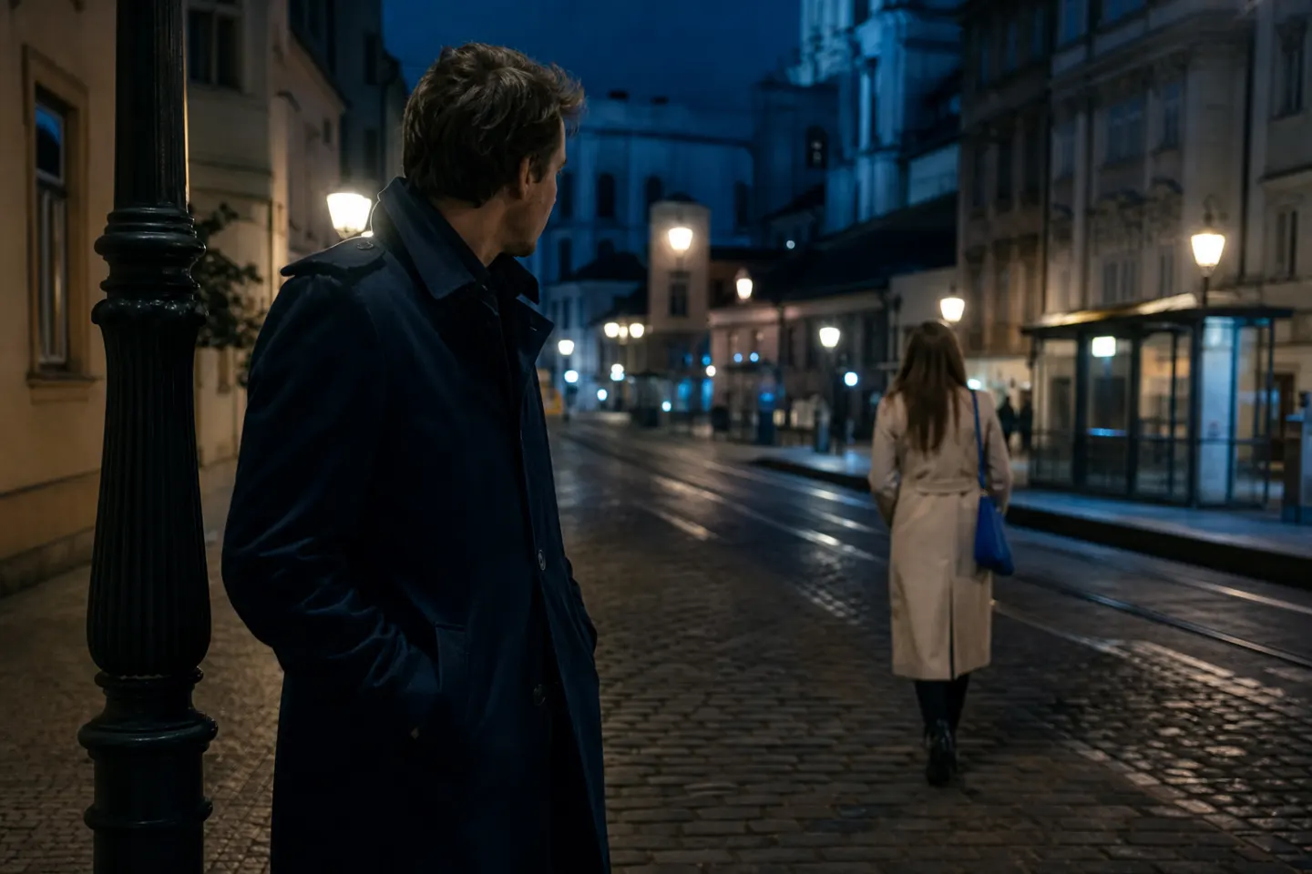 After a date, a man stands under a street lamp and glances back as a woman walks away