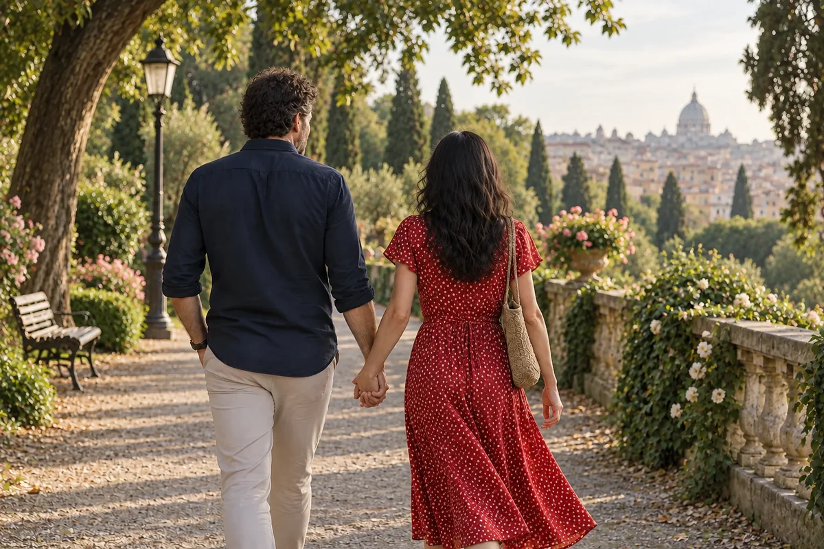 A man and a black-haired woman in a red polka-dot dress walking hand in hand through a park