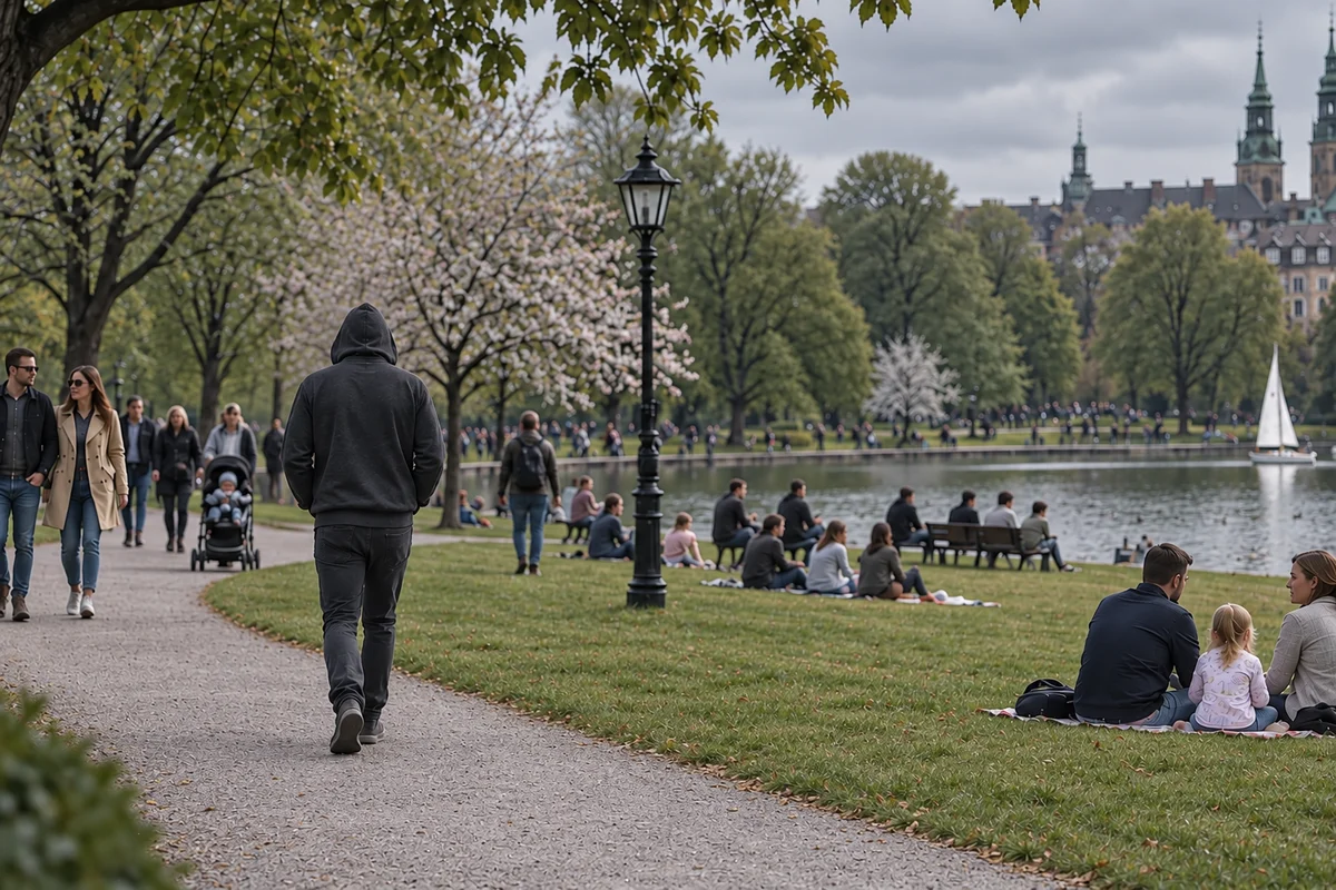 A man seen from behind walking alone through a subdued park on a dry, overcast day