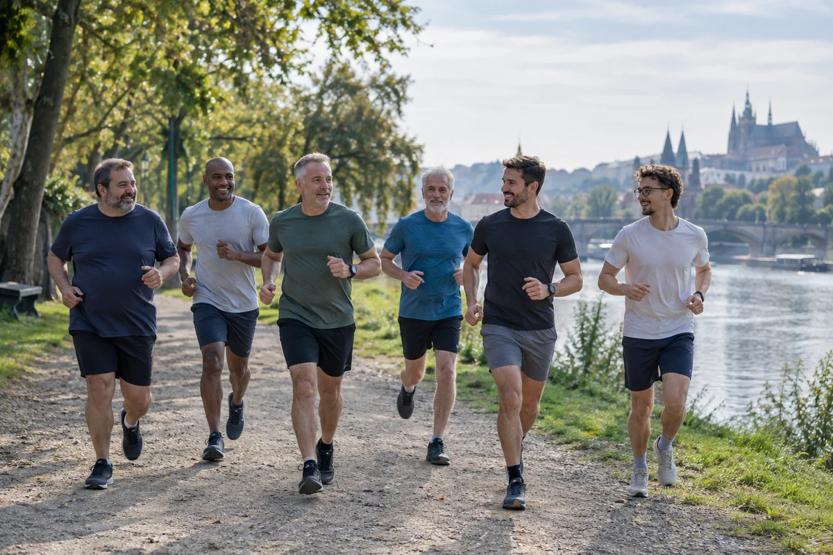 A varied group of men jogging together on a riverside path