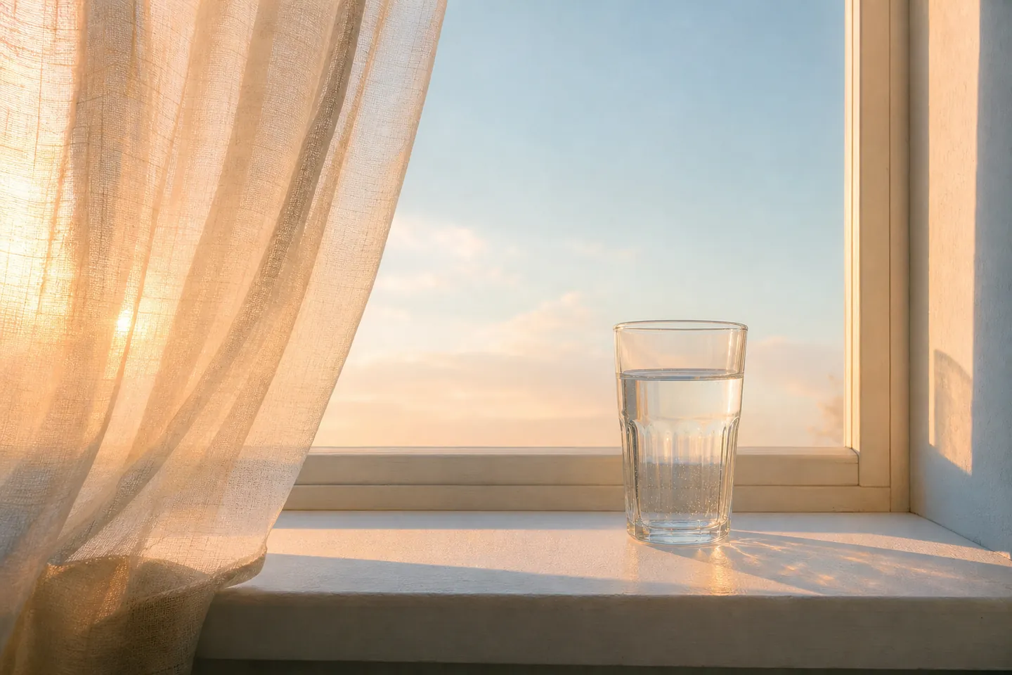 Sunrise light through a linen curtain onto a glass of water on a windowsill