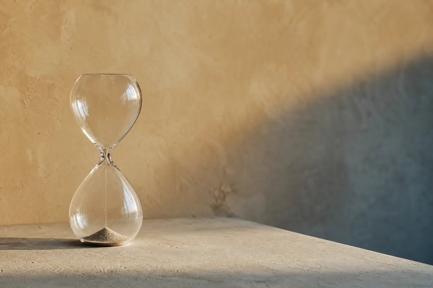 An hourglass with the last grains of sand fallen, against a warm ochre wall
