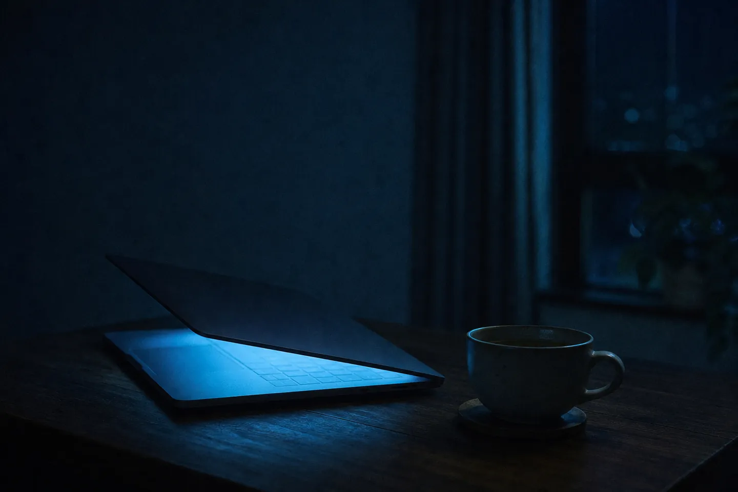 A half-closed laptop glowing blue on a dark table beside a cold cup of tea