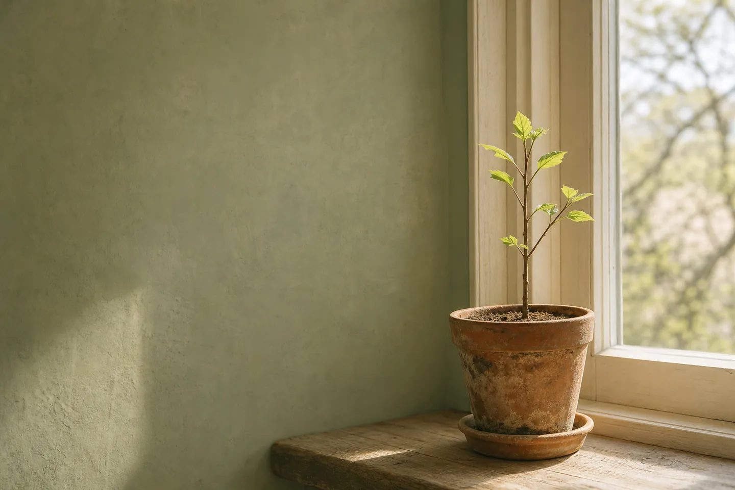 A young sapling in a terracotta pot on a sunlit windowsill