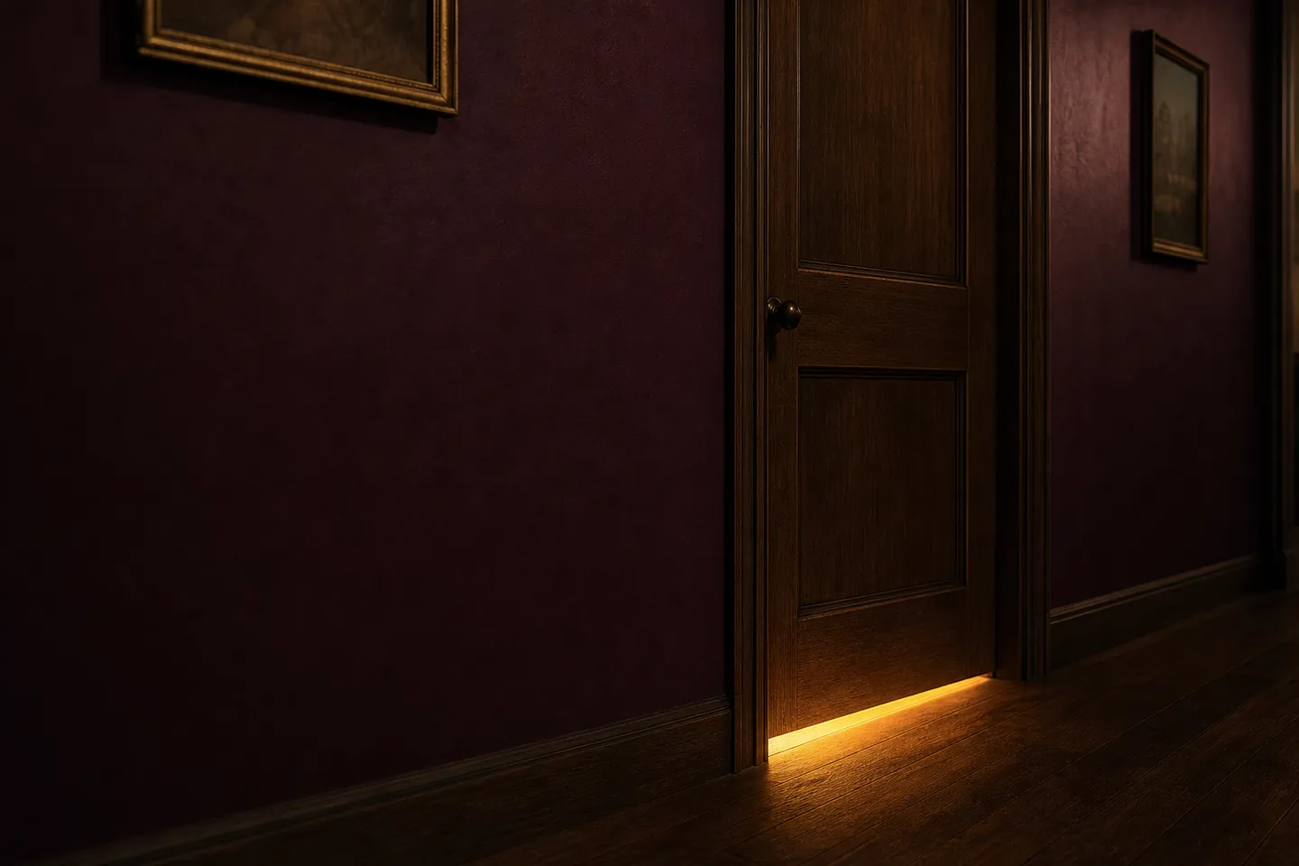 Warm light leaking from under a closed door in a dark plum hallway