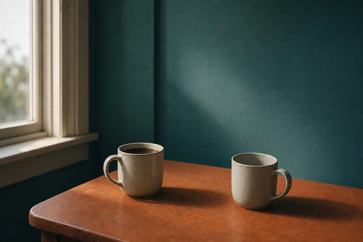 Two mugs set apart on a kitchen table, one untouched and one empty
