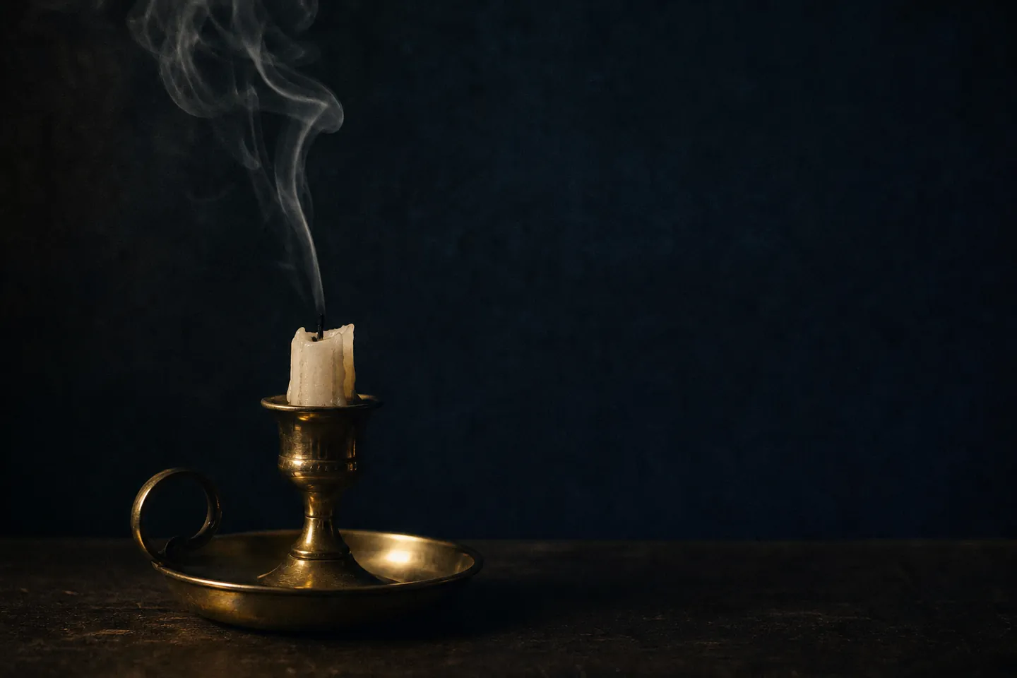A candle burned down to a stub with a wisp of smoke, on dark navy