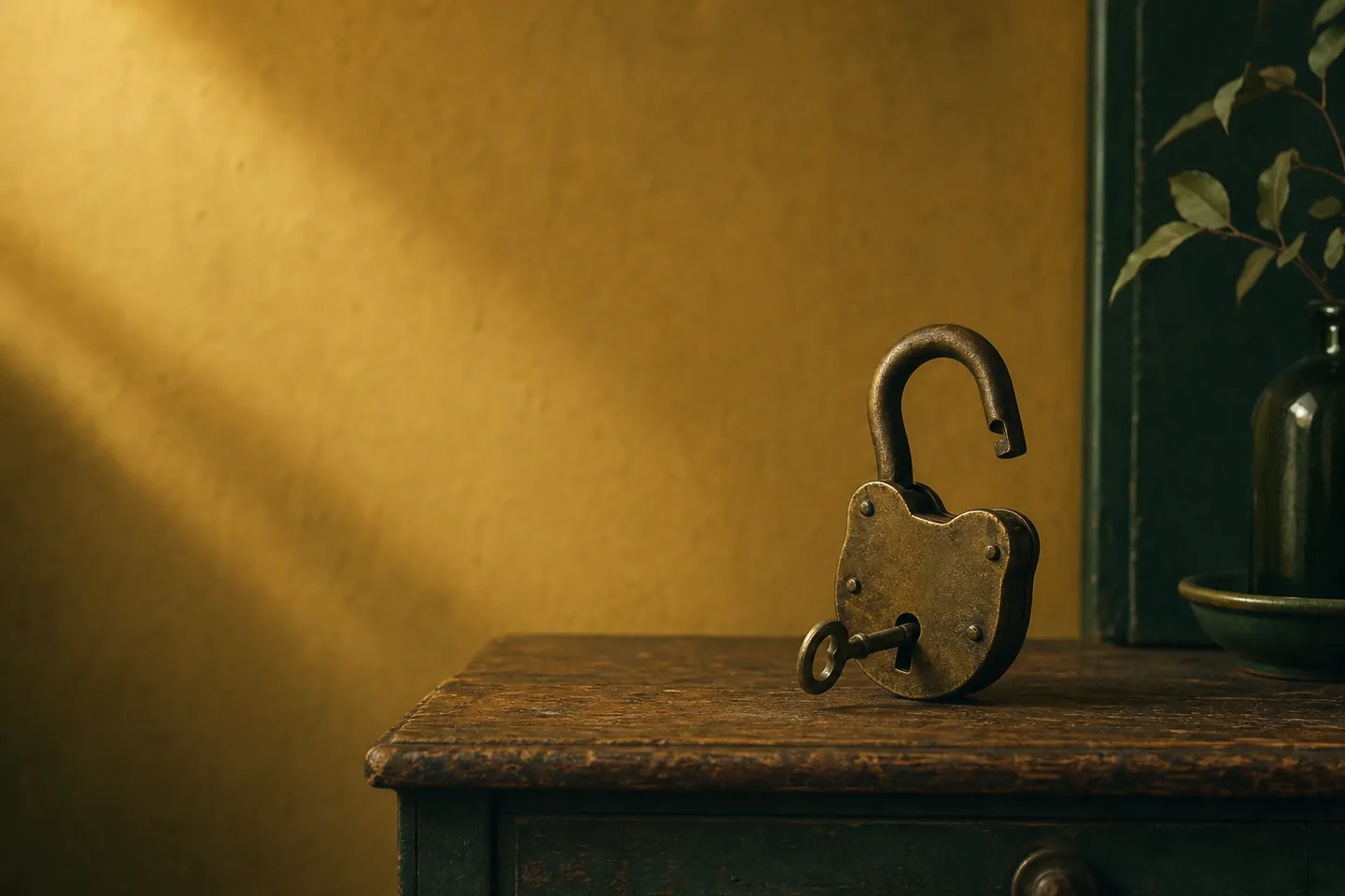 An open brass padlock with its key on a wooden desk against a mustard wall