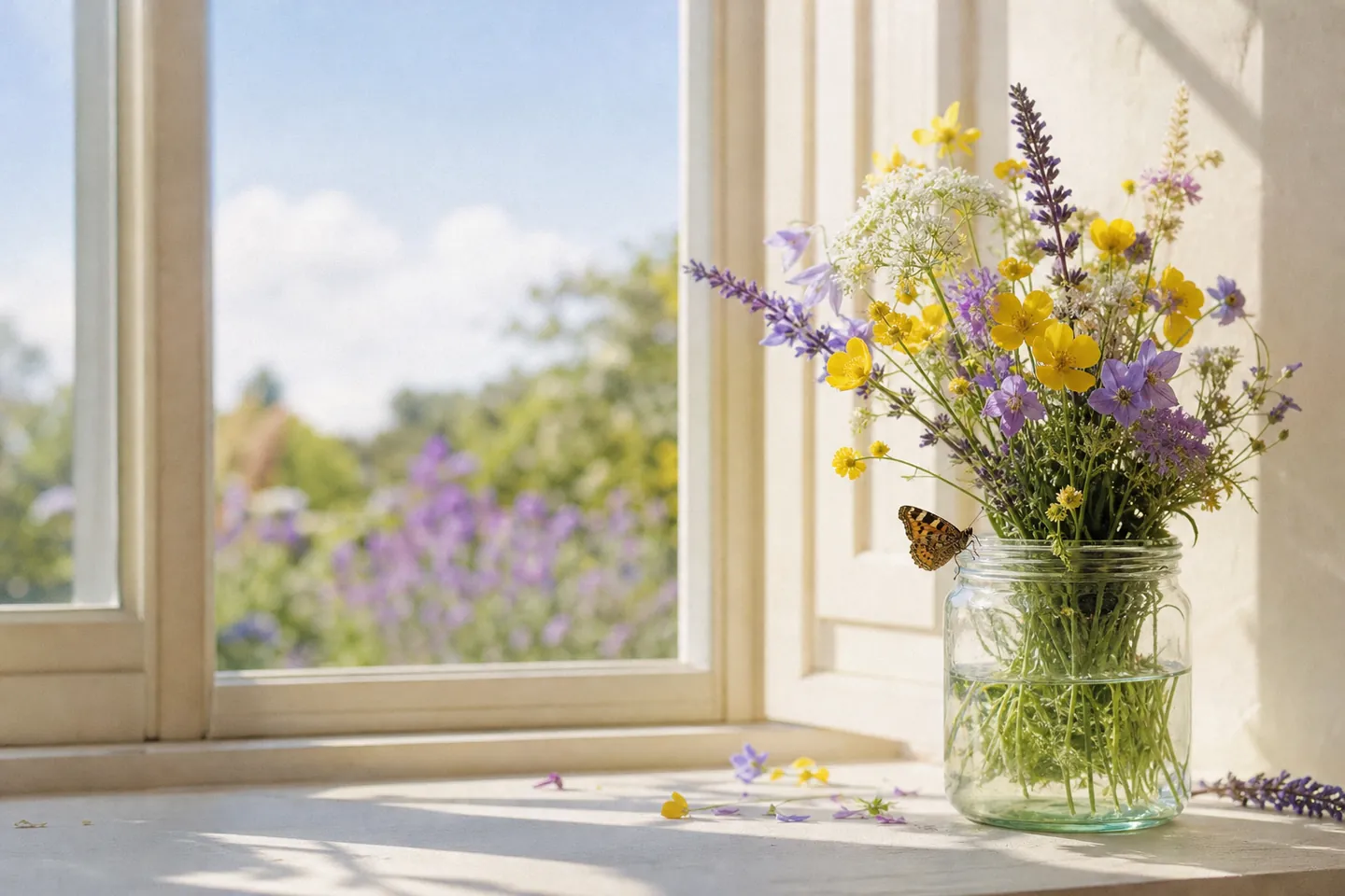 A butterfly on the rim of a jar of wildflowers by an open window
